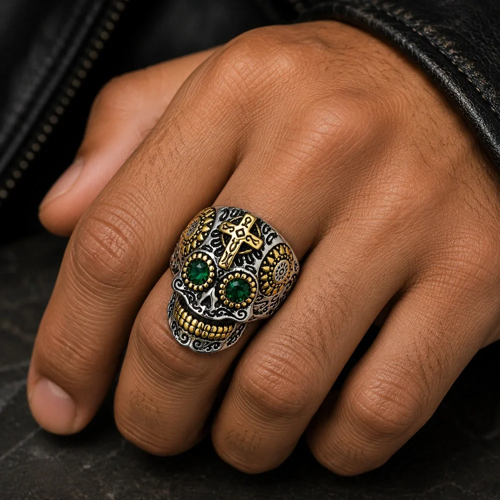 316L Stainless Steel Sugar Skull Ring green CZ Cross Gothic Biker Men’s size 10